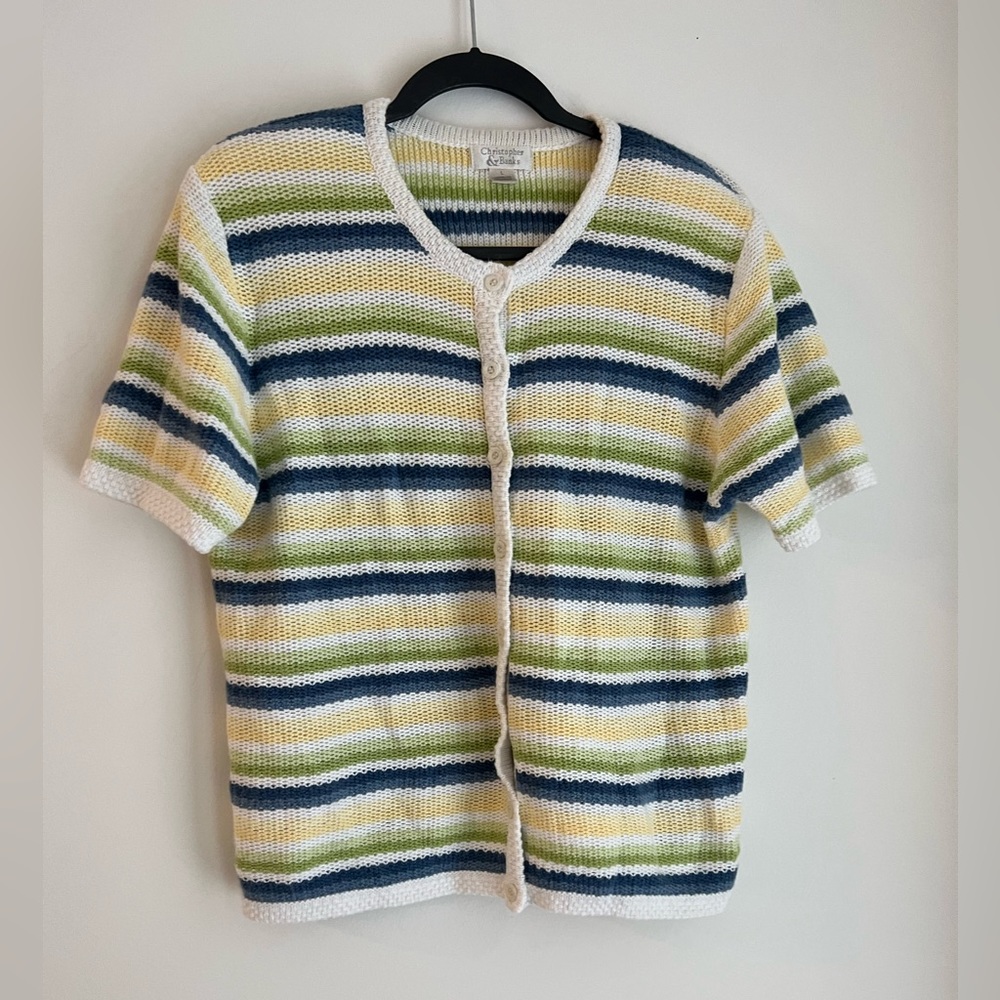 Christopher & Banks Sweater Yellow, Green, Blue, and Cream Striped Cardigan